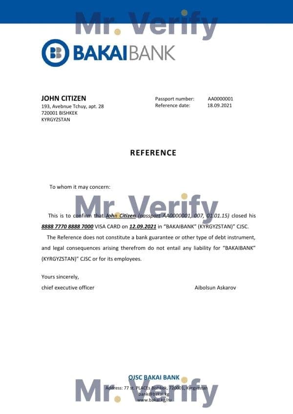 Kyrgyzstan OJSC Bakai Bank bank account closure reference letter template in Word and PDF format Kyrgyzstan OJSC Bakai Bank bank account closure reference letter template in Word and PDF format