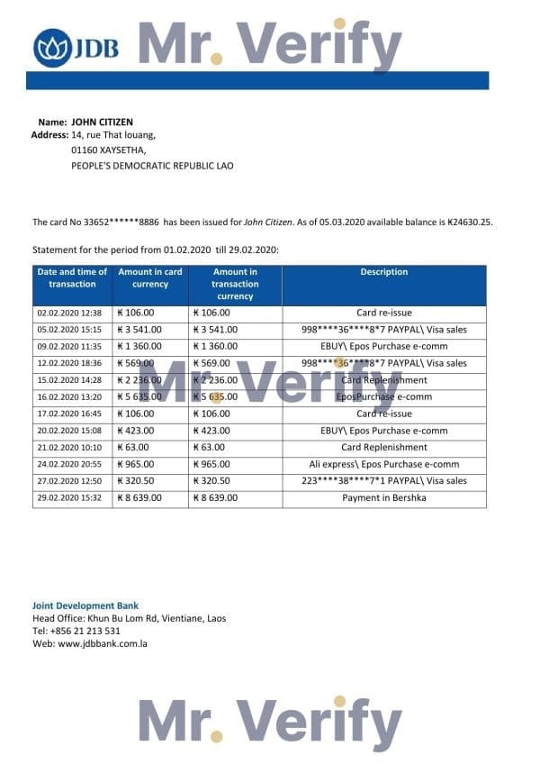 Laos-Joint-Development-Bank.jpg Laos Joint Development Bank (JDB) proof of address bank statement template in Word and PDF format