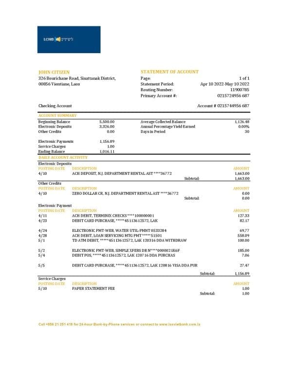 Laos LCNB bank statement Excel and PDF template