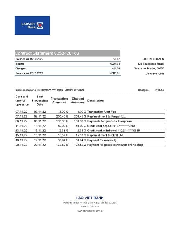 Laos Lao Viet bank statement Excel and PDF template