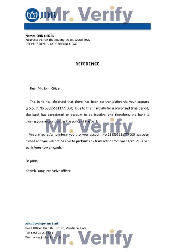 Laos Joint Development Bank bank account closure reference letter template in Word and PDF format