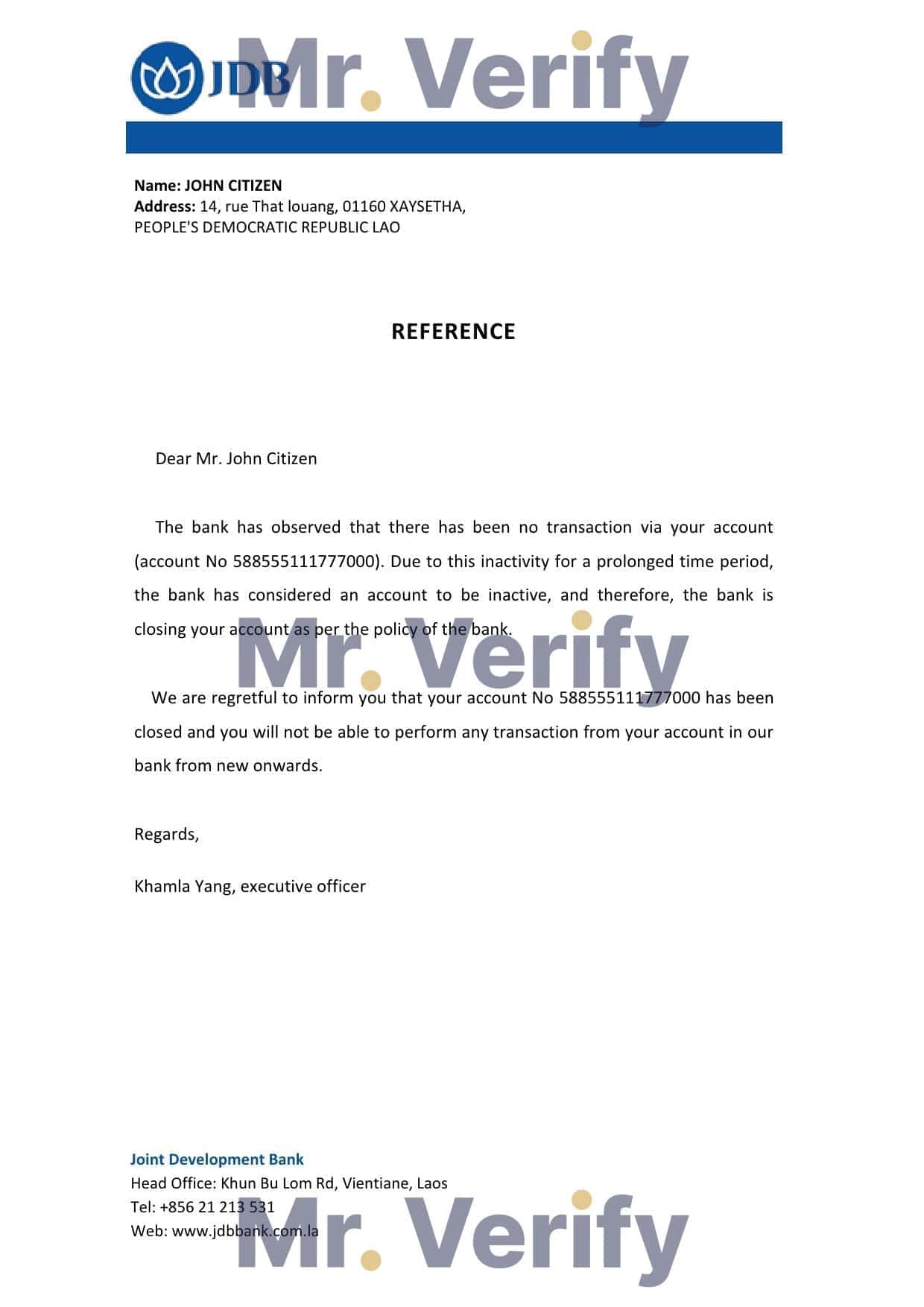 Laos Joint Development Bank bank account closure reference letter template in Word and PDF format Laos Joint Development Bank bank account closure reference letter template in Word and PDF format