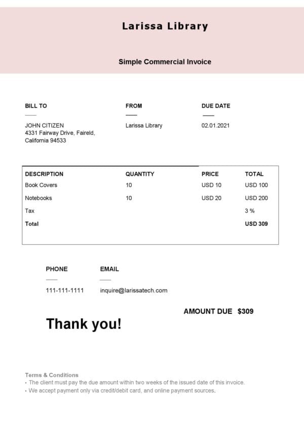 USA Larissa Library invoice template in Word and PDF format, fully editable