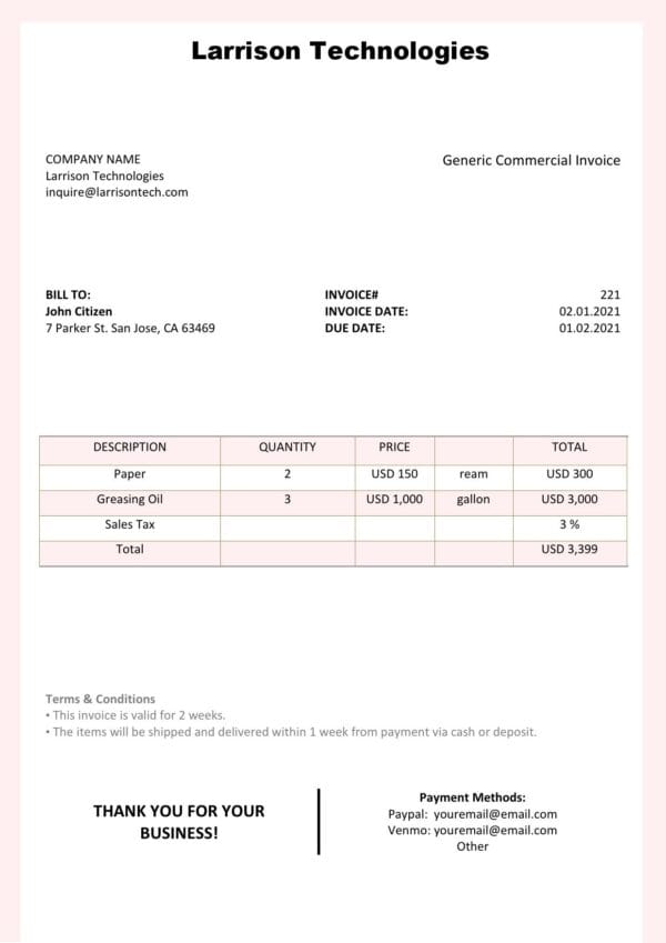USA Larrison Technologies invoice template in Word and PDF format, fully editable
