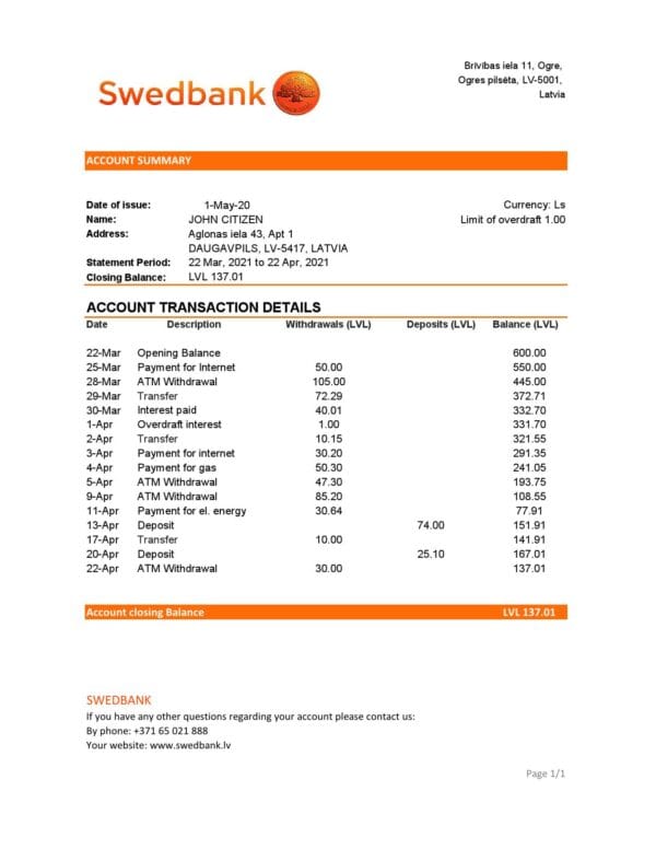 Latvia-Swedbank_000001.jpg Latvia Swedbank bank statement easy to fill template in .xls and .pdf file format