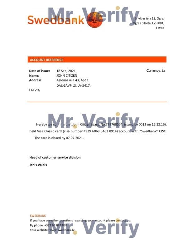 Latvia Swedbank bank account closure reference letter template in Word and PDF format