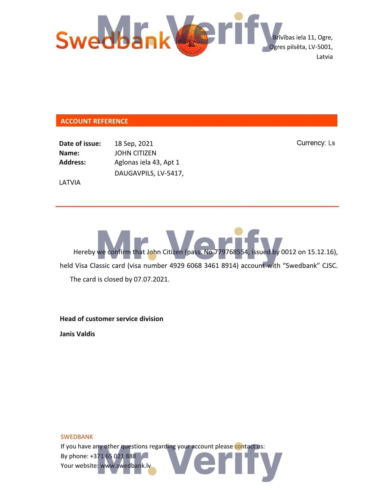 Latvia Swedbank bank account closure reference letter template in Word and PDF format Latvia Swedbank bank account closure reference letter template in Word and PDF format