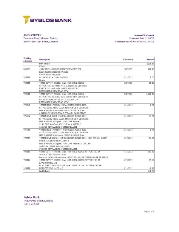 Lebanon Byblos bank statement Excel and PDF template