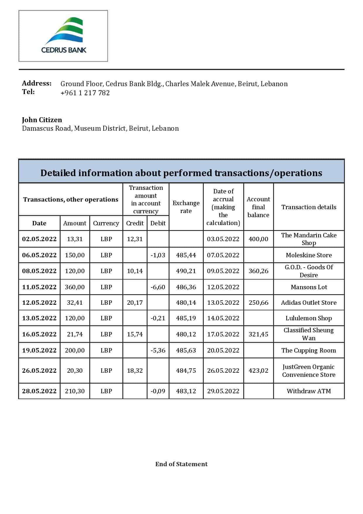 Lebanon-Cedrus-Bank-statement-template-in-Word-and-PDF-format.jpg Lebanon Cedrus Bank statement template in Word and PDF format