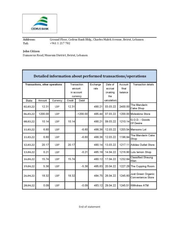 Lebanon Cedrus bank statement Excel and PDF template