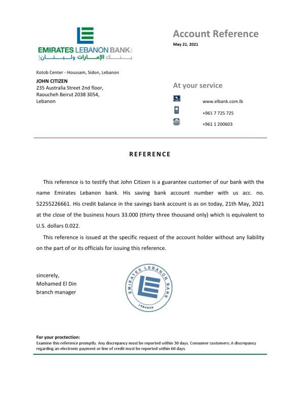 Lebanon Emirates Lebanon Bank bank account reference letter template in Word and PDF format Lebanon Emirates Lebanon Bank bank account reference letter template in Word and PDF format