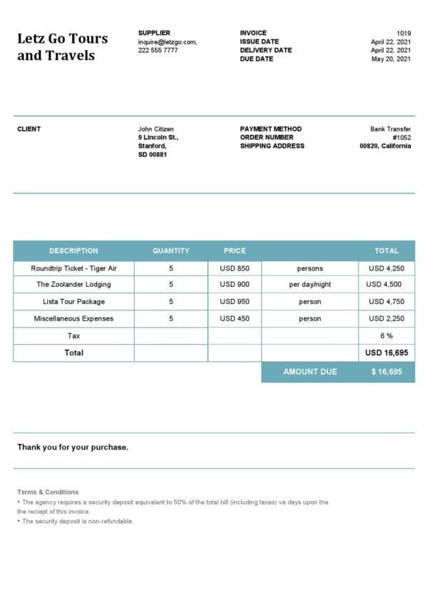 USA Letz Go Tours and Travels invoice template in Word and PDF format, fully editable