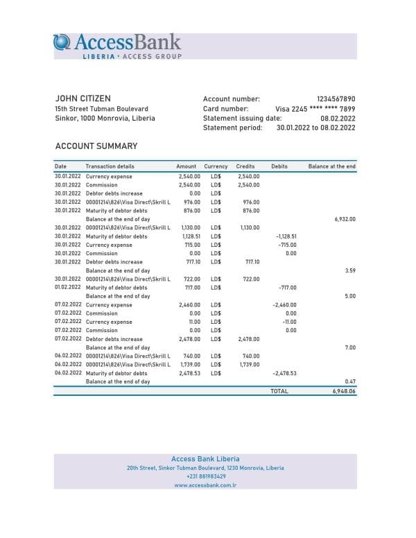 Liberia-Access-Bank-statement-Excel-and-PDF-template.jpg Liberia Access Bank statement Excel and PDF template