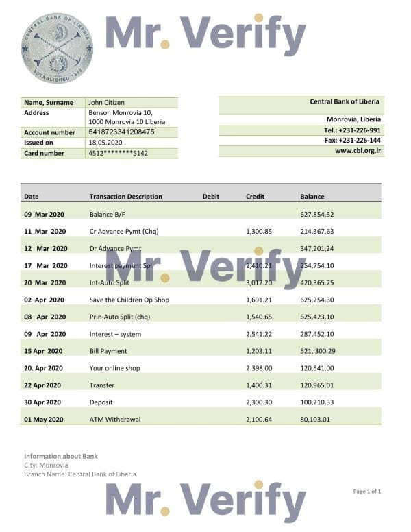 Liberia-Central-Bank-of-Liberia.jpg Liberia Central Bank of Liberia bank statement template in Word and PDF format