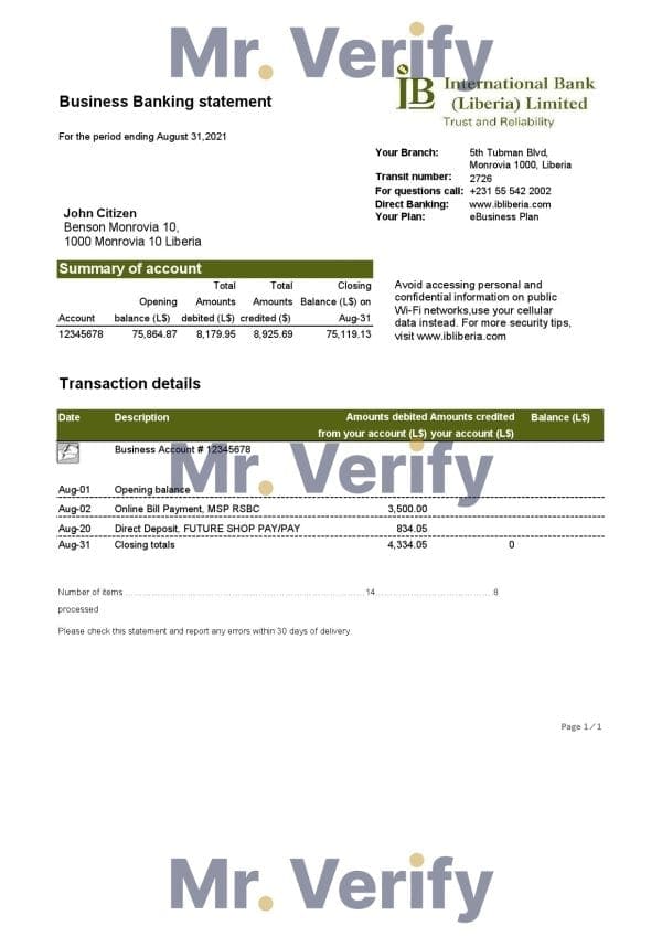 Liberia-IB-International.jpg Liberia IB International Bank proof of address statement template in .xls and .pdf file format