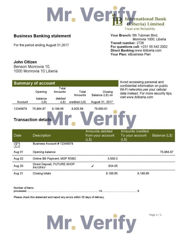 Liberia-IB-International-Bank-statement.jpg Liberia IB International Bank Proof of Address Statement Template in Word and PDF Format