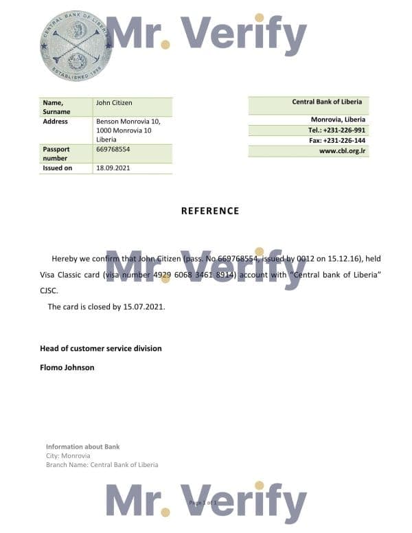 Liberia Central Bank of Liberia bank account closure reference letter template in Word and PDF format
