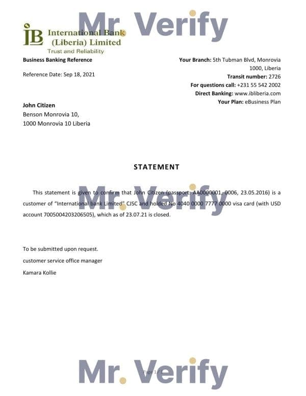 Liberia International Bank Limited bank account closure reference letter template in Word and PDF format