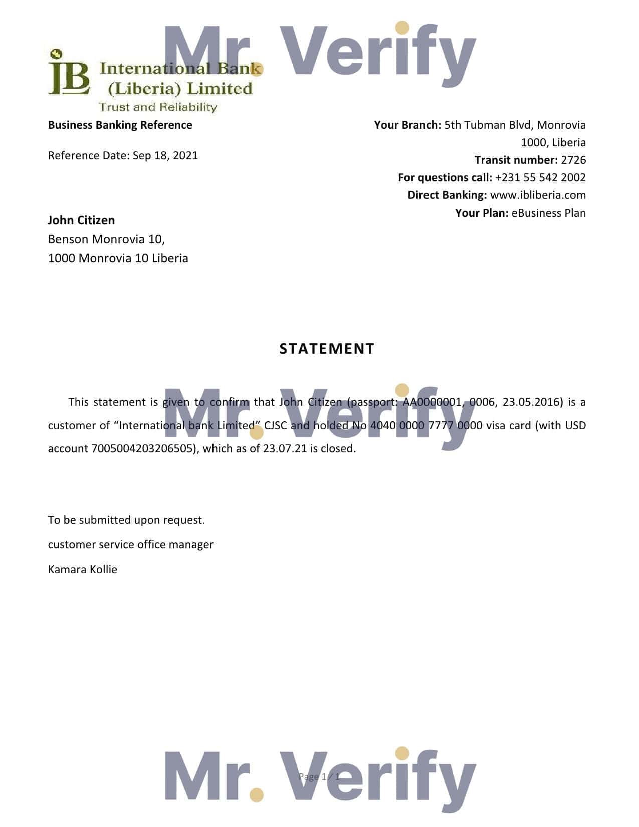 Liberia International Bank Limited bank account closure reference letter template in Word and PDF format Liberia International Bank Limited bank account closure reference letter template in Word and PDF format