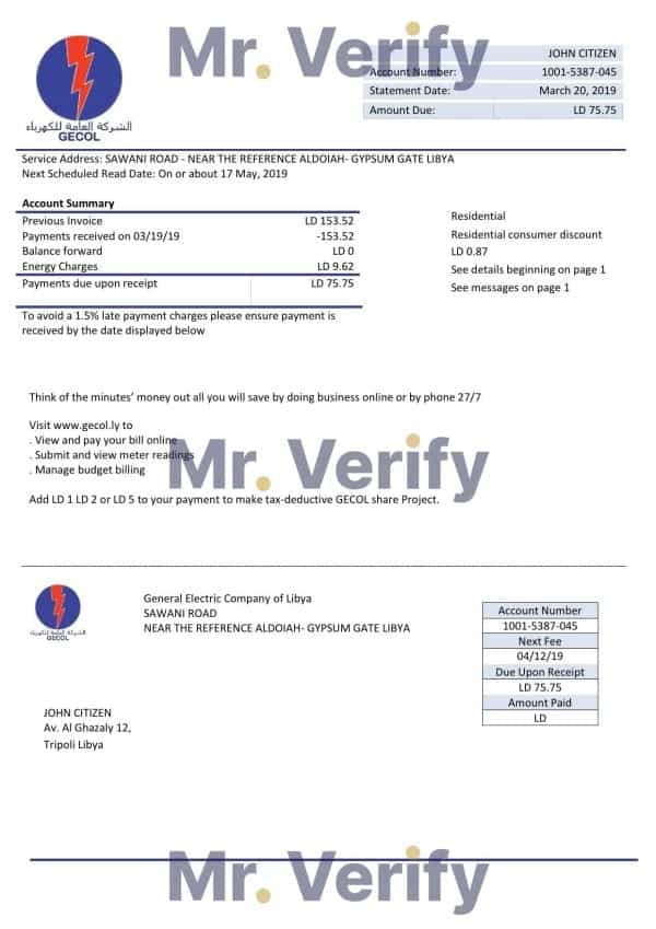 Libya General Electric Company electricity utility bill template in Word and PDF format