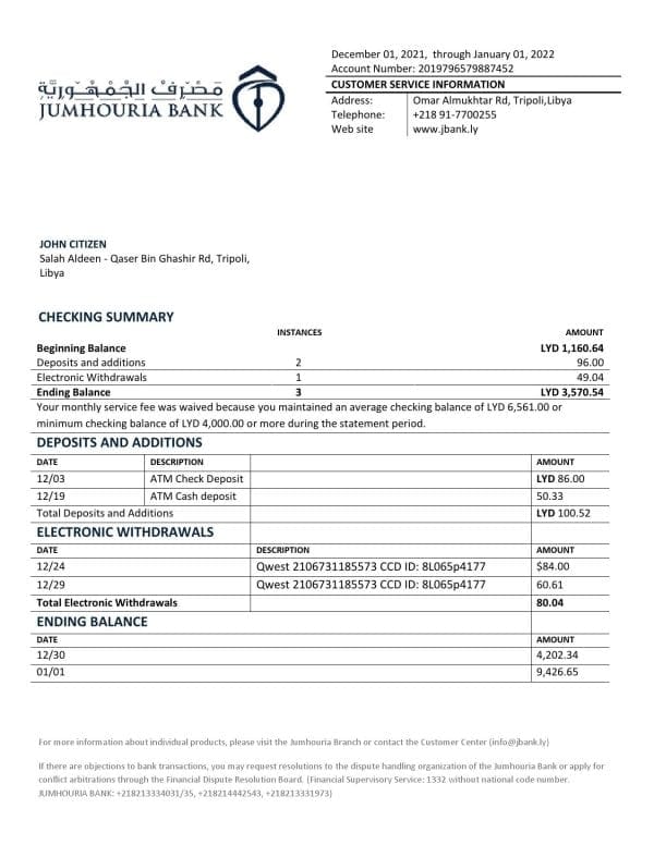 Libya Jumhouria Bank statement template in Word and PDF format