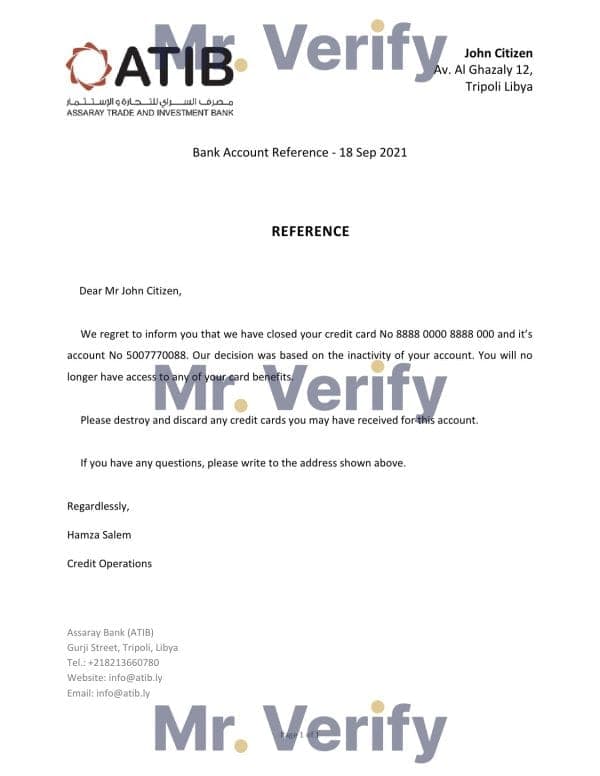 Libya Assaray Bank bank account closure reference letter template in Word and PDF format