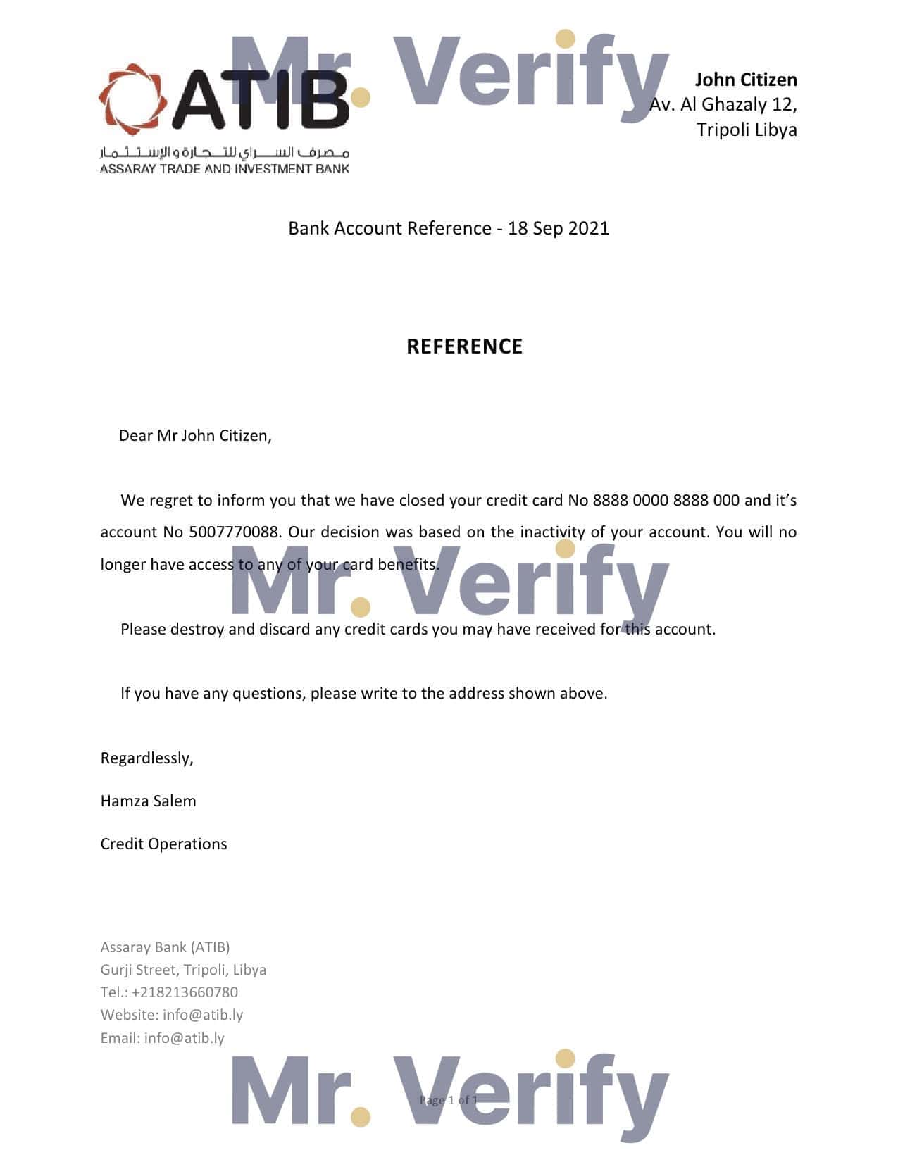 Libya Assaray Bank bank account closure reference letter template in Word and PDF format Libya Assaray Bank bank account closure reference letter template in Word and PDF format