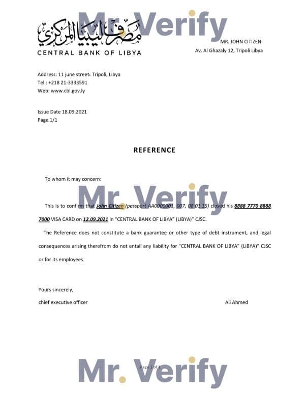 Libya Central Bank of Libya bank account closure reference letter template in Word and PDF format