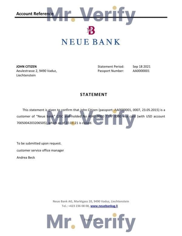 Liechtenstein Neue Bank bank account closure reference letter template in Word and PDF format