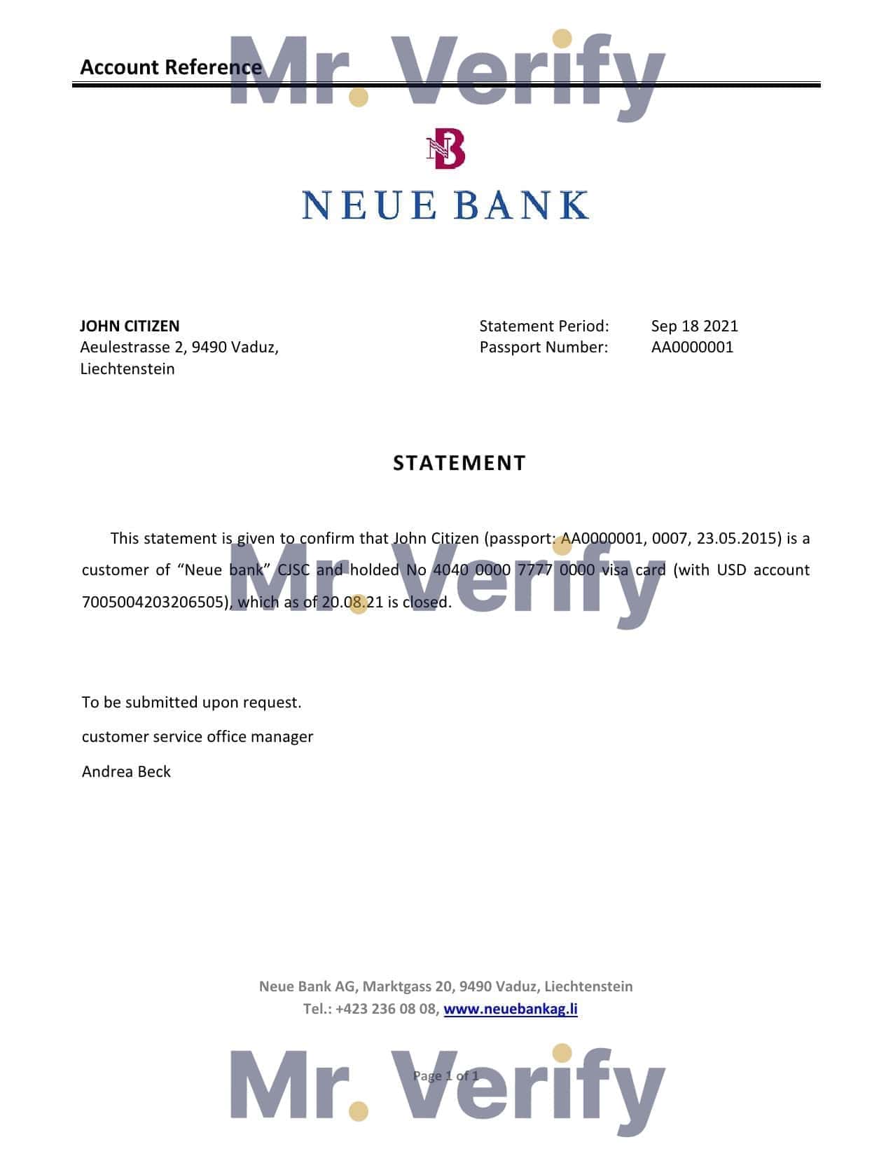 Liechtenstein Neue Bank bank account closure reference letter template in Word and PDF format Liechtenstein Neue Bank bank account closure reference letter template in Word and PDF format