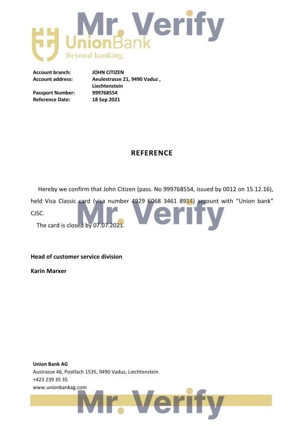 Liechtenstein Union Bank bank account closure reference letter template in Word and PDF format