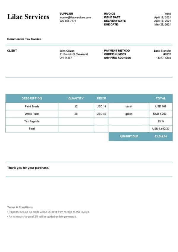 USA Lilac Services invoice template in Word and PDF format, fully editable