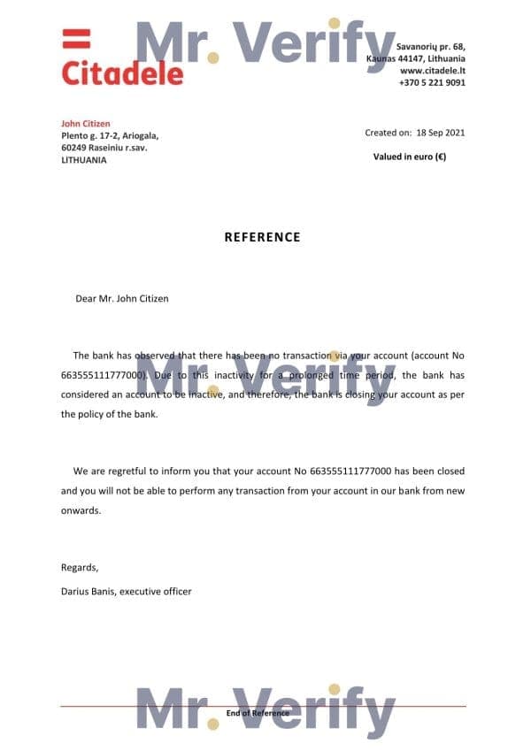 Lithuania Citadele bank account closure reference letter template in Word and PDF format
