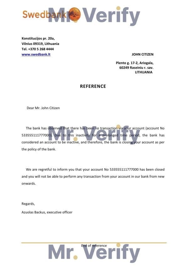 Lithuania Swedbank bank account closure reference letter template in Word and PDF format