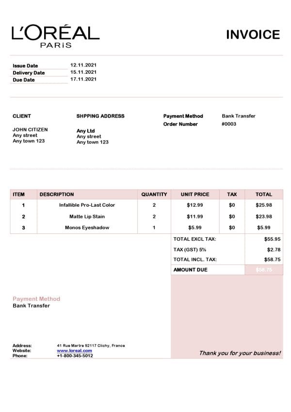 Loreal-Paris-invoice.jpg USA L’oreal Paris invoice template in Word and PDF format