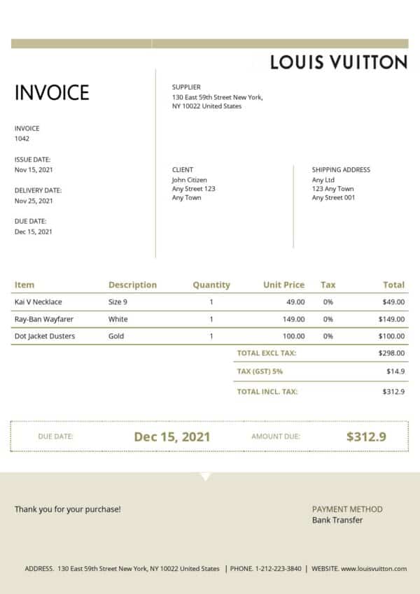 USA Louis Vuitton invoice template in Word and PDF format