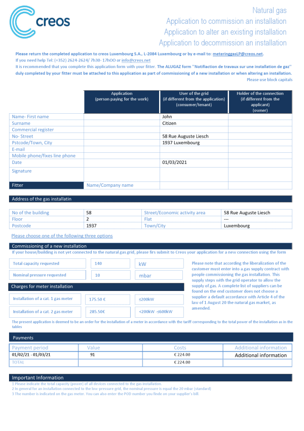 Luxembourg Creos gas utility bill template in Word and PDF format (.doc and .pdf)