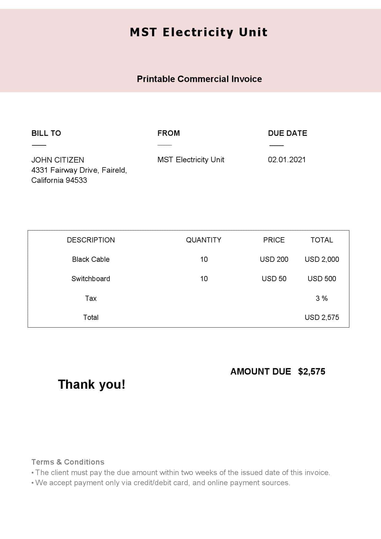 USA MST Electricity Unit invoice template in Word and PDF format, fully editable USA MST Electricity Unit invoice template in Word and PDF format, fully editable