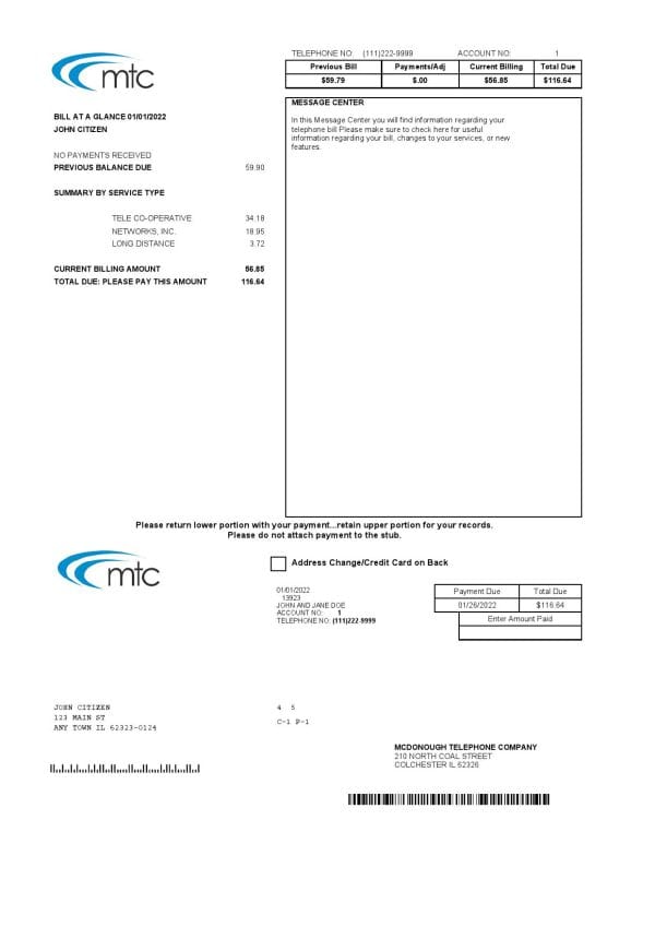 USA Illinois MTC utility bill template in Word and PDF format