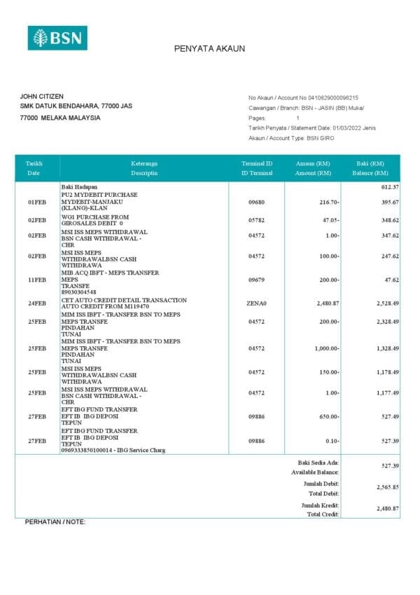 Malaysia-BSN-bank-statement_000001.jpg Malaysia BSN bank account statement (penyata akaun), Word and PDF template (in English and in Malay languages)