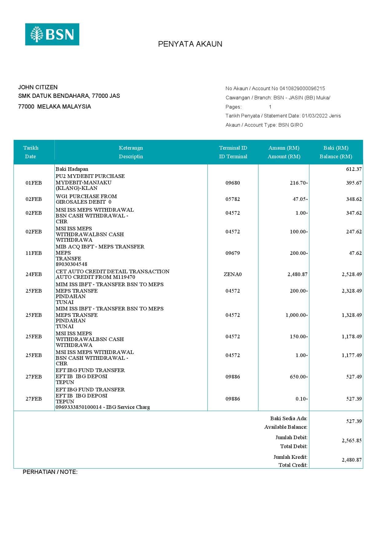 Malaysia-BSN-bank-statement_000001.jpg Malaysia BSN bank account statement (penyata akaun), Word and PDF template (in English and in Malay languages)