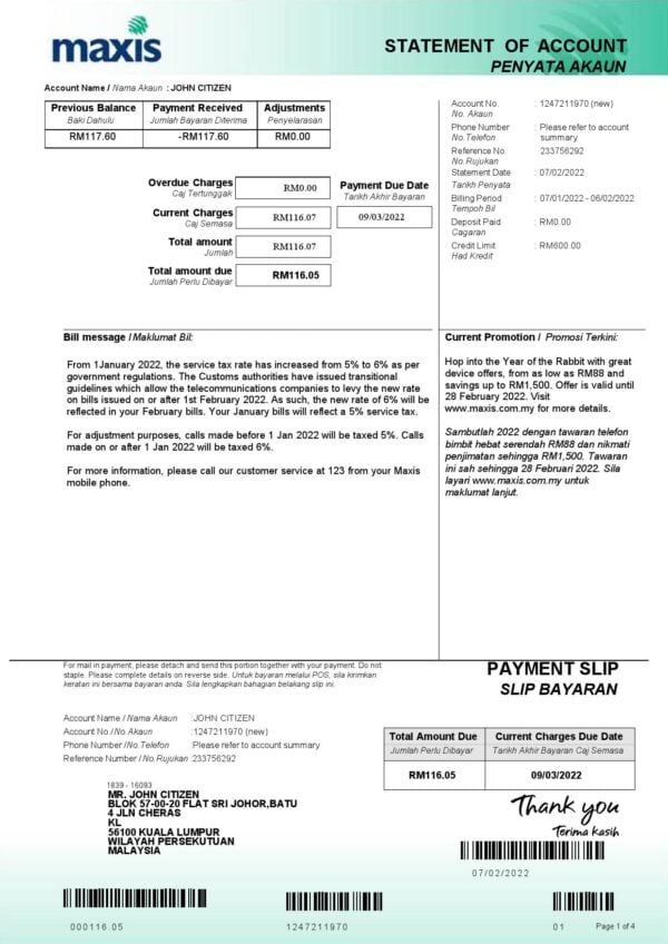 Malaysia-Maxis-bank-statement-5-pages_000001.jpg Malaysia Maxis bank statement, Word and PDF template, 5 pages