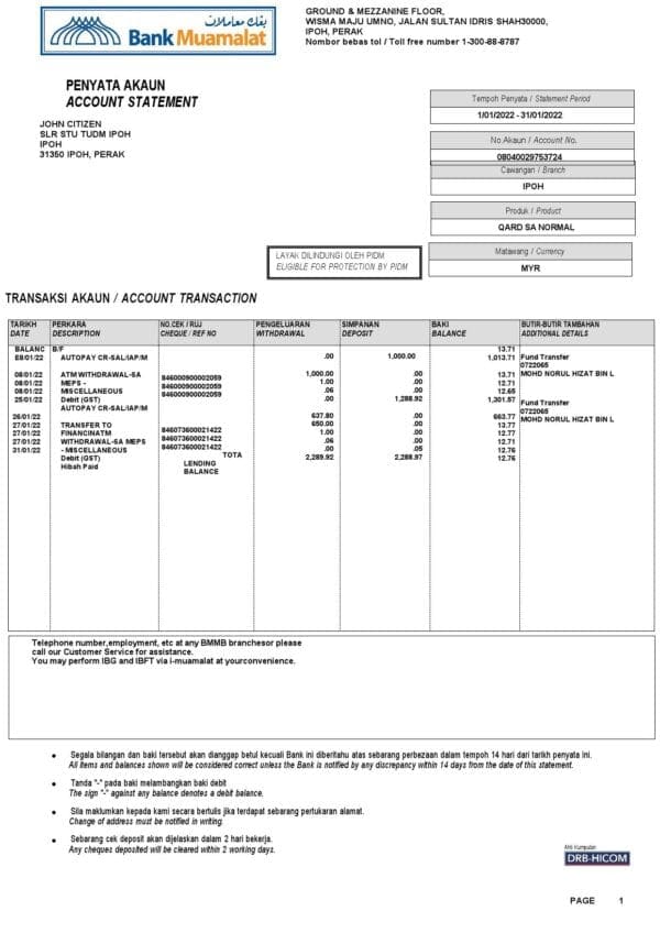Malaysia Bank Muamalat bank account statement, Word and PDF template