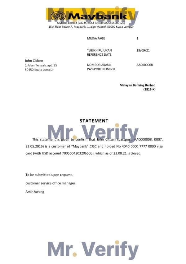 Malaysia Maybank bank account closure reference letter template in Word and PDF format