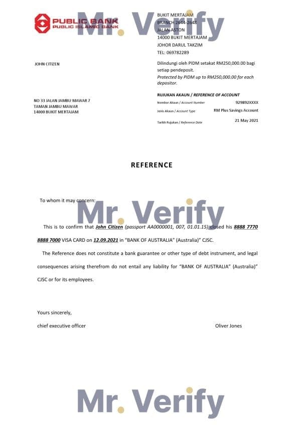 Malaysia Public Bank bank account closure reference letter template in Word and PDF format
