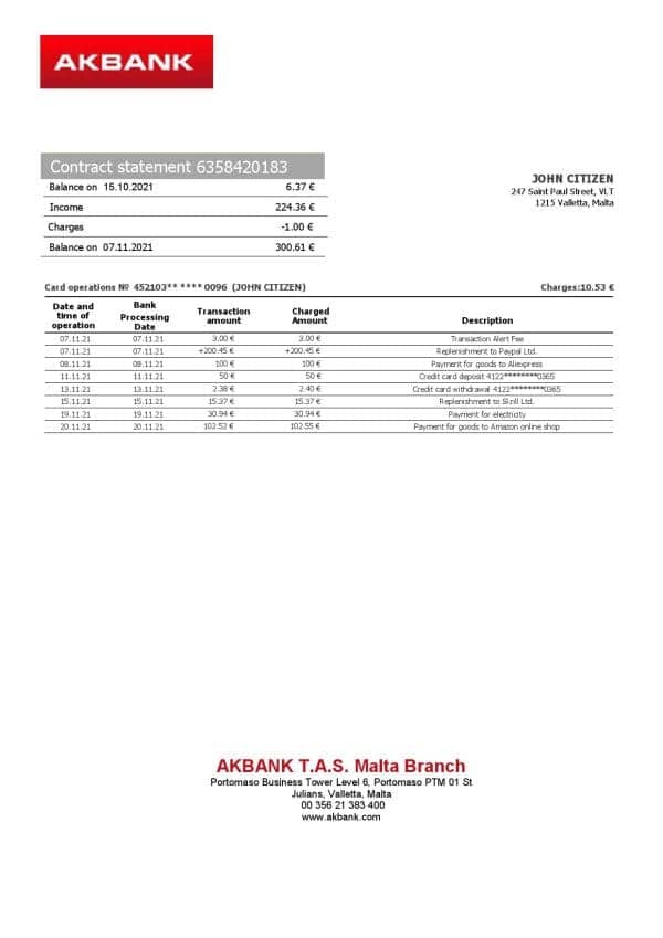 Malta-Akbank-bank-statement-template-in-Word-and-PDF-format.jpg Malta Akbank bank statement template in Word and PDF format