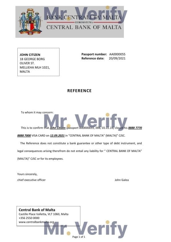 Malta Central Bank of Malta bank account closure reference letter template in Word and PDF format