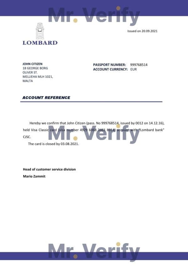 Malta Lombard bank account closure reference letter template in Word and PDF format