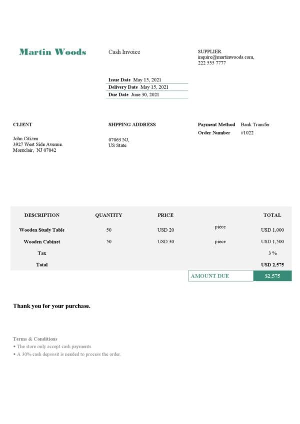 USA Martin Woods invoice template in Word and PDF format, fully editable