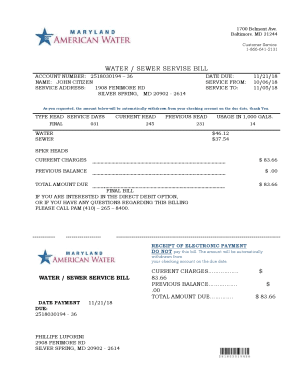 USA Maryland American water utility bill template in Word and PDF format